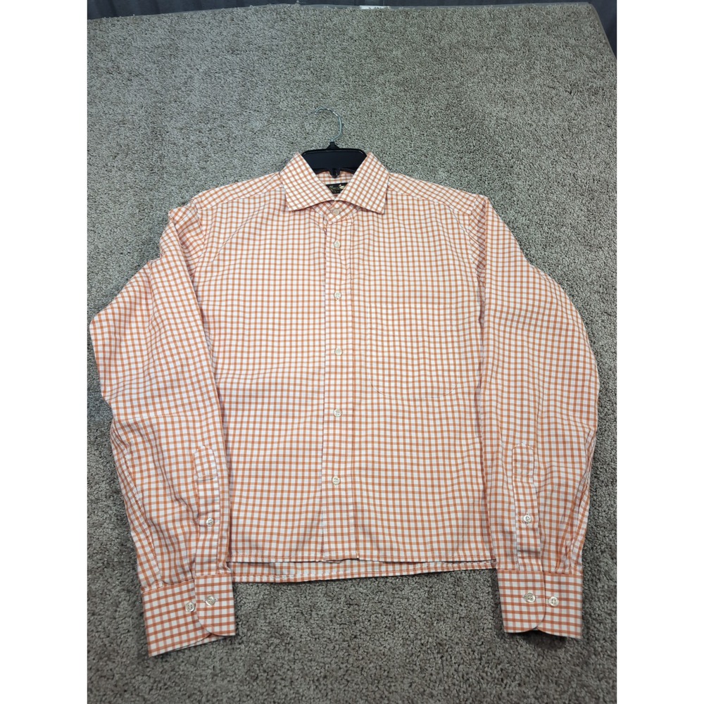 Borsalino‎ Mens Orange White Gingham Check Dress Shirt Made in Italy Long Sleeve